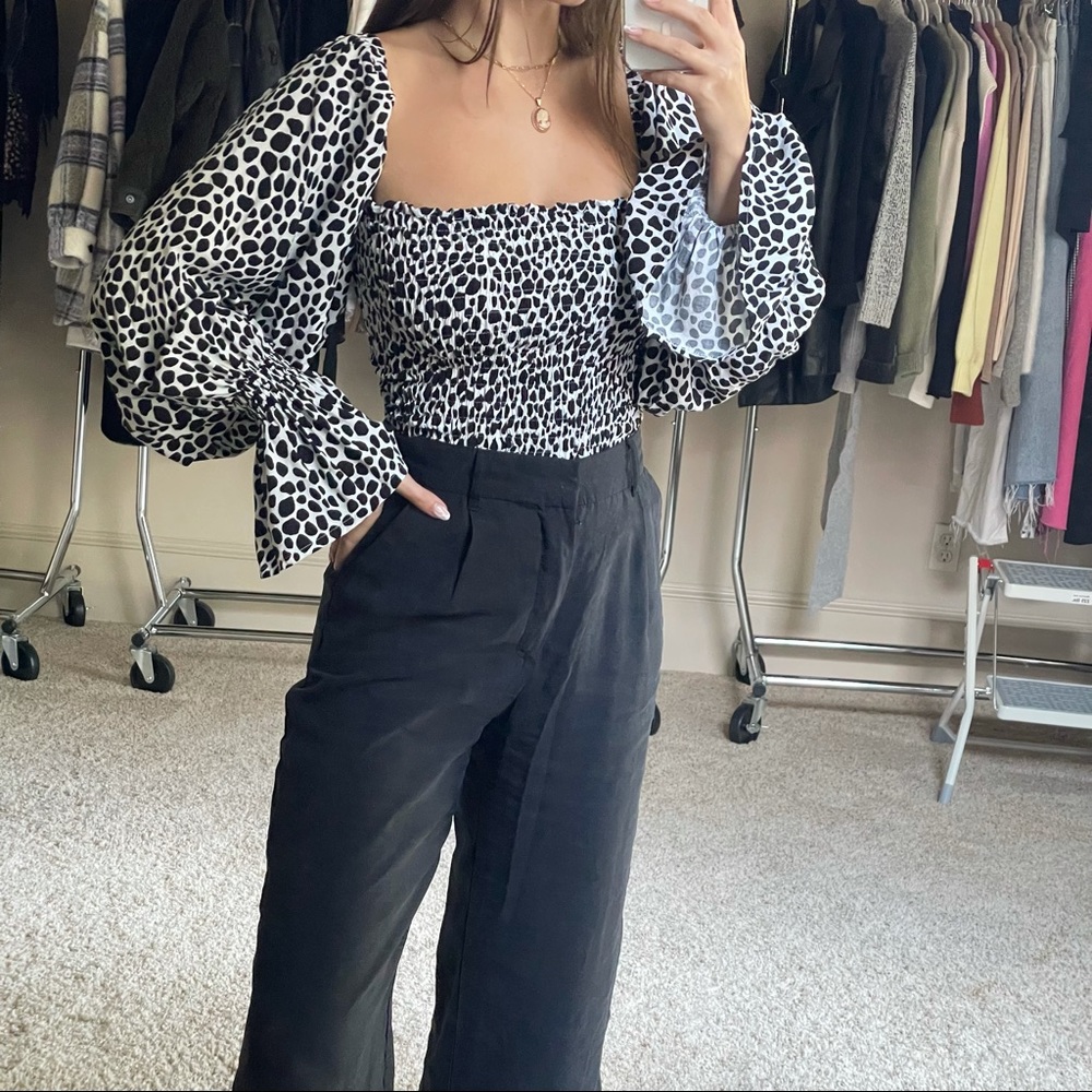 Handmade Smocked Puff Sleeve Spotted Top